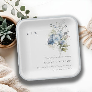 Chic Dusky Blue Watercolor Cottage Floral Wedding Paper Plate