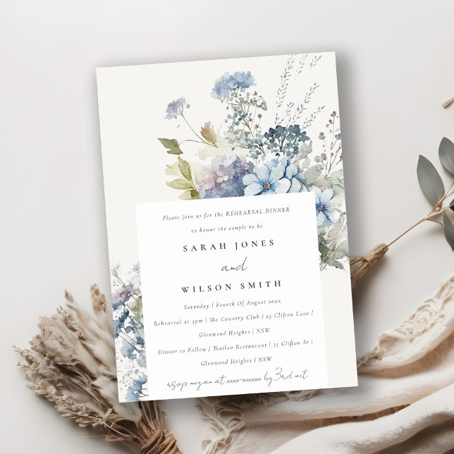 Chic Dusky Blue Watercolor Floral Rehearsal Dinner Invitation (Creator Uploaded)