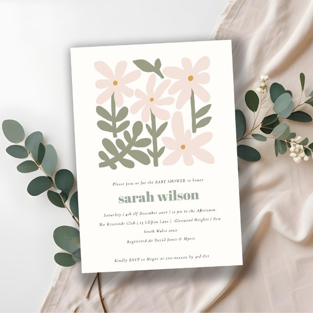 Chic Dusky Blush Retro Minimal Floral Baby Shower Invitation (Creator Uploaded)