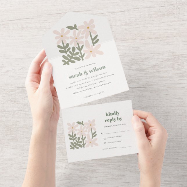 Chic Dusky Blush Retro Minimal Floral Wedding All In One Invitation (Tearaway)