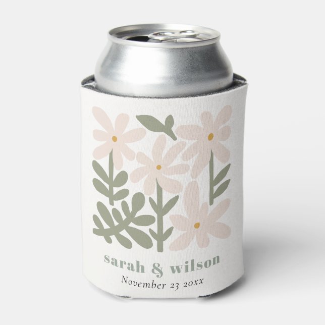 Chic Dusky Blush Retro Minimal Floral Wedding Can Cooler (Can Front)