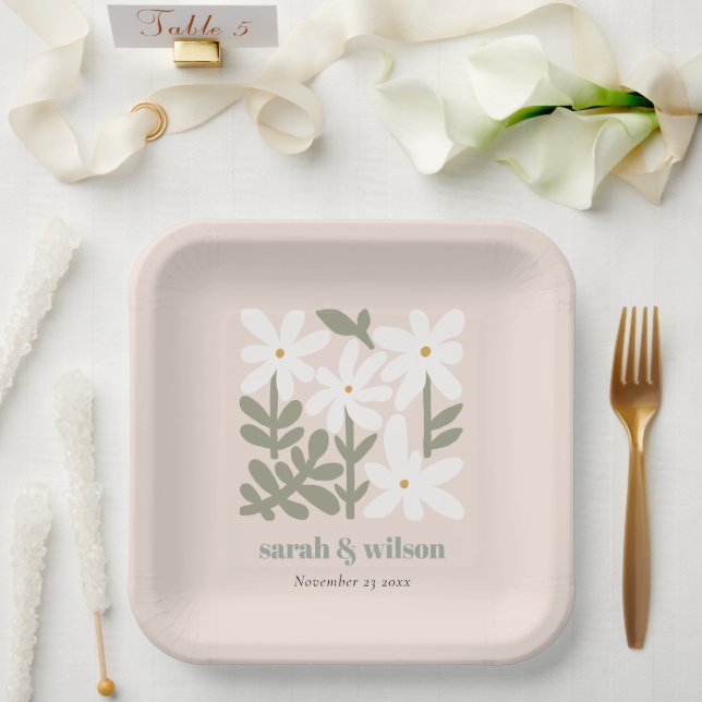 Chic Dusky Blush Retro Minimal Floral Wedding Paper Plate (Wedding)