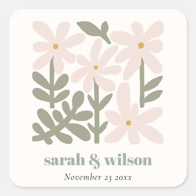Chic Dusky Blush Retro Minimal Floral Wedding Square Sticker (Front)