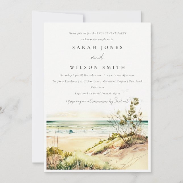 Chic Dusky Coastal Beach Sun Seascape Engagement  Invitation (Front)