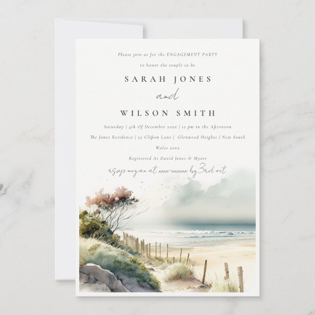 Chic Dusky Coastal Sand Beach Seascape Engagement Invitation (Front)
