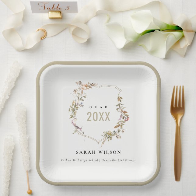 Chic Dusky Pink Blush Wildflower Crest Graduation Paper Plate (Wedding)