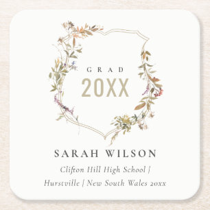 Chic Dusky Pink Blush Wildflower Crest Graduation Square Paper Coaster