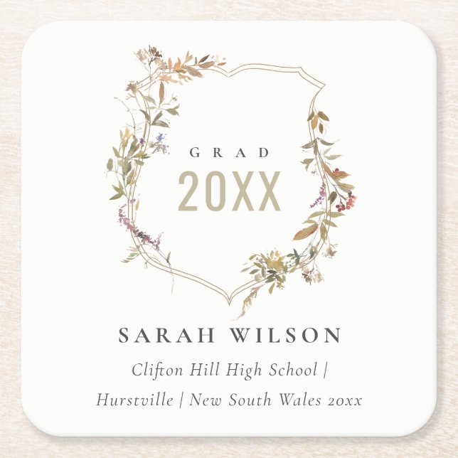 Chic Dusky Pink Blush Wildflower Crest Graduation Square Paper Coaster (Front)