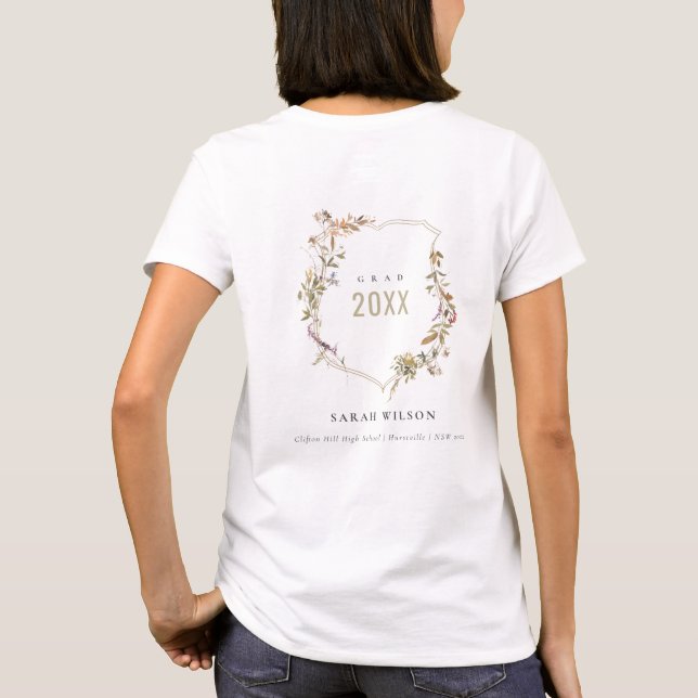 Chic Dusky Pink Blush Wildflower Crest Graduation T-Shirt (Back)