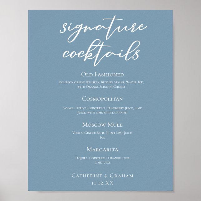 Chic Dust Blue Wedding Signature Cocktails Menu Poster (Front)