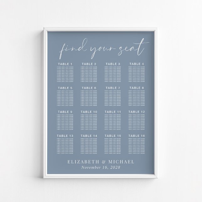 Chic Dusty Blue 16 Table Wedding Seating Chart (Creator Uploaded)