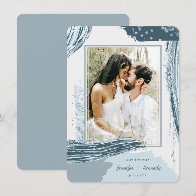 Chic Dusty Blue Abstract Paint Brush Strokes Photo Save The Date (Front/Back)