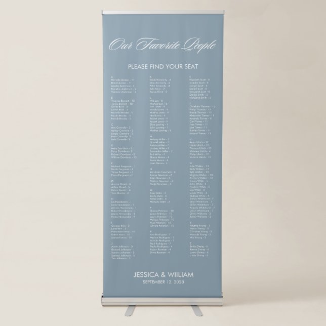 Chic Dusty Blue Alphabetical Wedding Seating Chart Retractable Banner (Front)