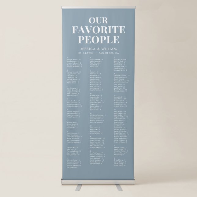 Chic Dusty Blue Alphabetical Wedding Seating Chart Retractable Banner (Front)