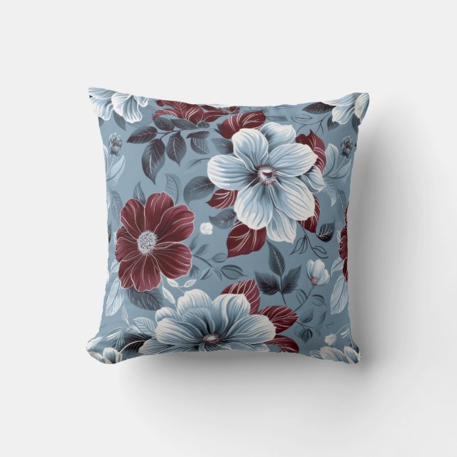 Chic Dusty Blue and Burgundy Floral Throw Pillow (Front)