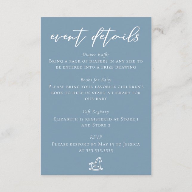 Chic Dusty Blue Baby Shower Event Details Enclosure Card (Front)
