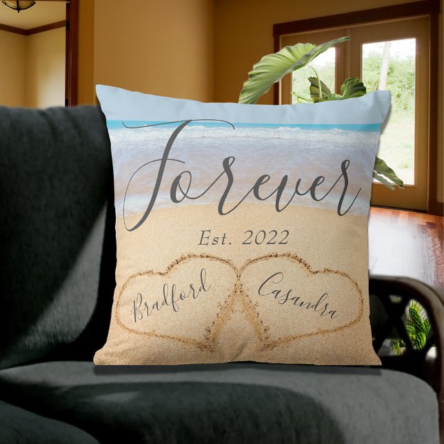 Chic Dusty Blue Beach Couples Hearts Sand  Cushion (Creator Uploaded)