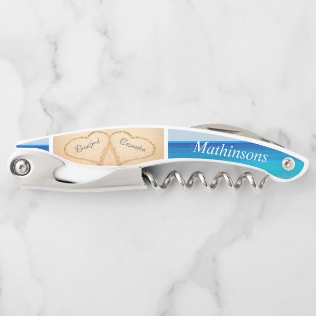 Chic Dusty Blue Beach Wedding 2 Heart Sand Corkscrew (Front)