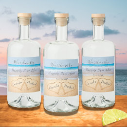 Chic Dusty Blue Beach Wedding 2 Heart Sand Liquor Bottle Label