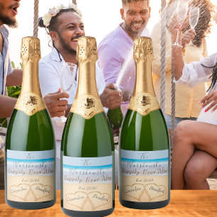 Chic Dusty Blue Beach Wedding 2 Heart Sand Sparkling Wine Label