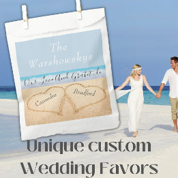 Chic Dusty Blue Beach Wedding 2 Hearts in Sand Favour Bags