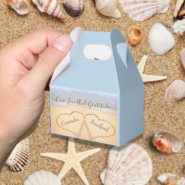 Chic Dusty Blue Beach Wedding 2 Hearts in Sand Favour Box (Creator Uploaded)