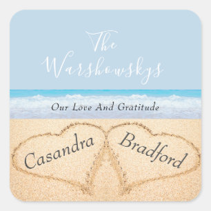 Chic Dusty Blue Beach Wedding 2 Hearts in Sand   Square Sticker