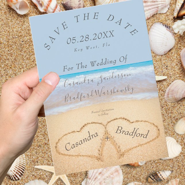 Chic Dusty Blue Beach Wedding Hearts Sand wedding  Invitation (Creator Uploaded)