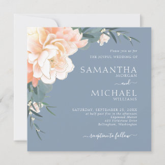 Chic Dusty Blue Blush Peach Gold Floral Wedding Invitation