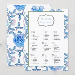 Chic Dusty Blue Blush Roses Bridal Shower Game Invitation