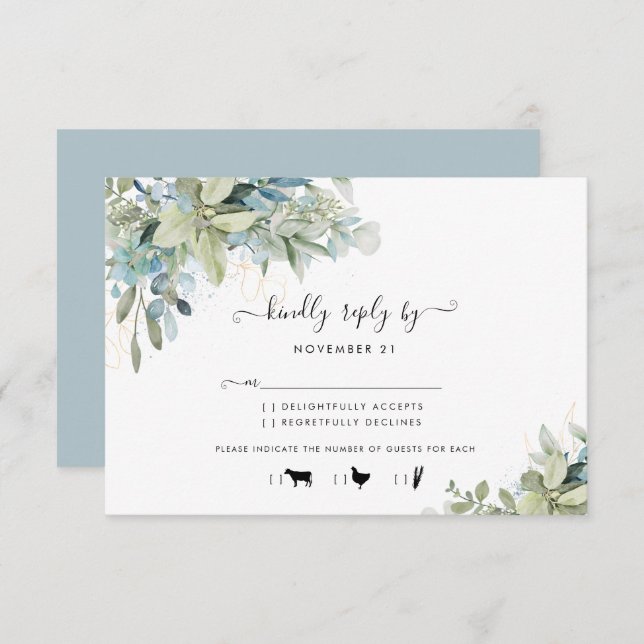 Chic Dusty Blue Botanical Wedding Meal RSVP Card (Front/Back)