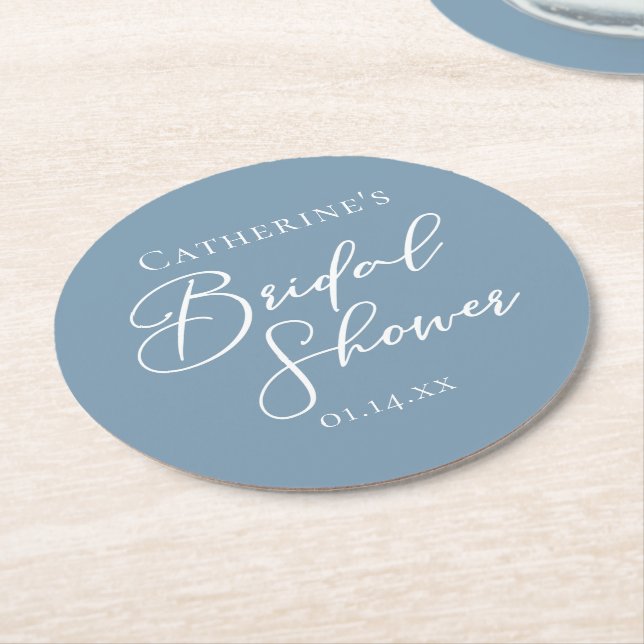 Chic Dusty Blue Bridal Shower Personalised Round Paper Coaster (Angled)