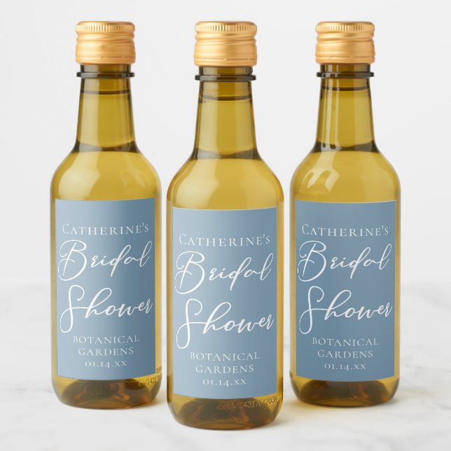 Chic Dusty Blue Bridal Shower White Personalised Wine Label (Bottles)