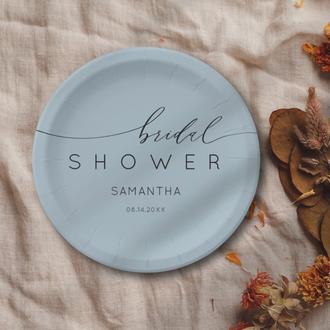 Chic Dusty Blue Calligraphy Bridal Shower Paper Plate (Creator Uploaded)