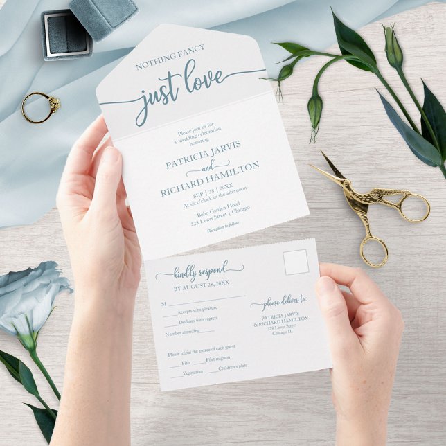 Chic Dusty Blue Calligraphy Casual Wedding All In One Invitation (Creator Uploaded)