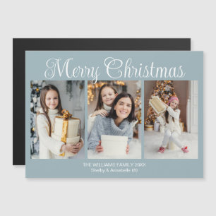 Chic Dusty Blue Christmas 3 Photo Magnet Card