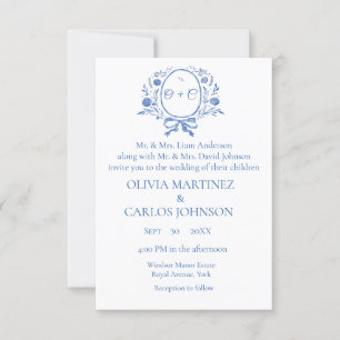 Chic Dusty Blue Crest Monogram elegant Wedding Invitation