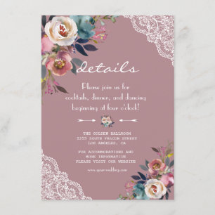 Chic Dusty Blue Dusty Rose Flowers Wedding Details Enclosure Card