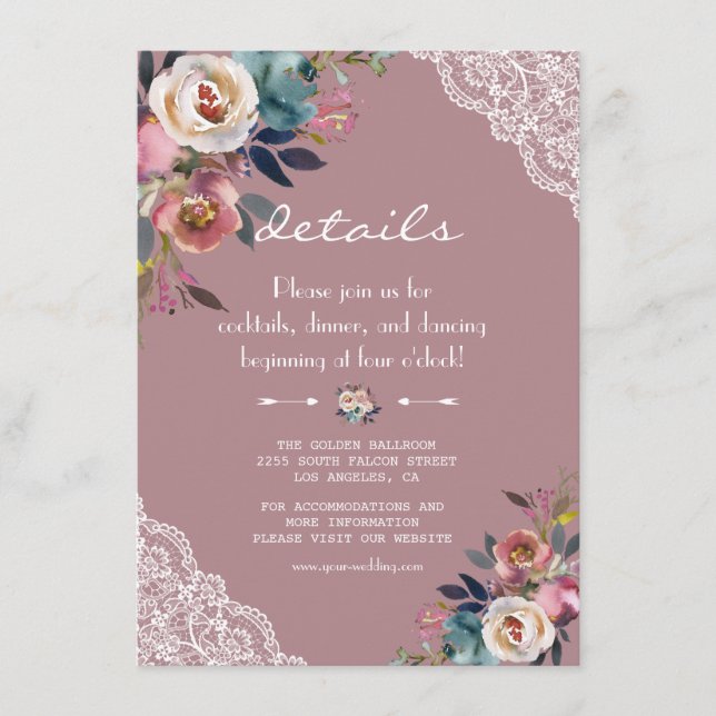 Chic Dusty Blue Dusty Rose Flowers Wedding Details Enclosure Card (Front)