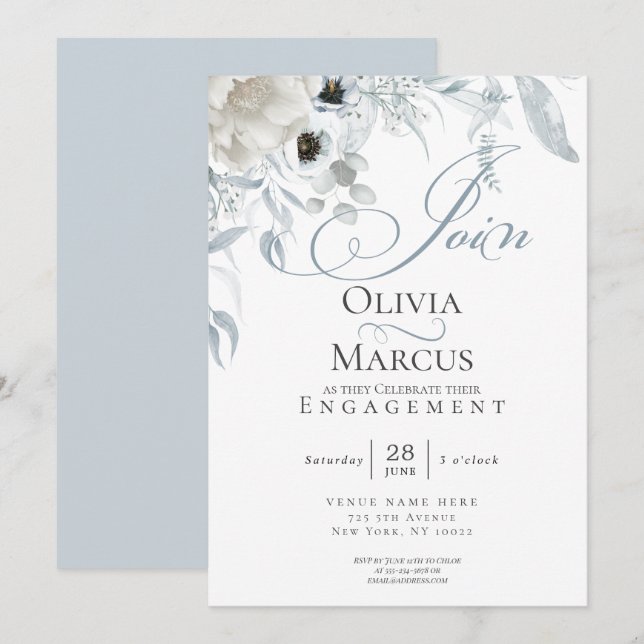 Chic Dusty Blue Floral Engagement Invitation (Front/Back)