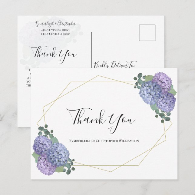 Chic Dusty Blue Floral Geometric Wedding Thank You Postcard (Front/Back)