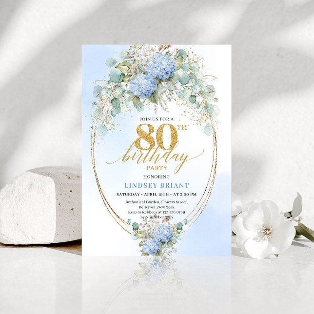 Chic Dusty Blue Floral Gold 80th Birthday Invite (Chic Dusty Blue Floral Gold 80th Birthday Invite)