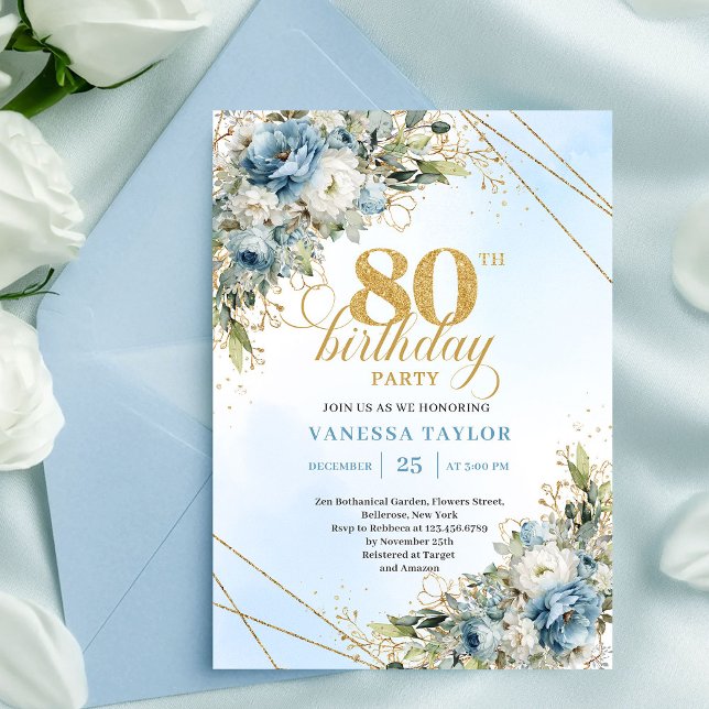 Chic Dusty Blue Floral Gold 80th Birthday Invites (Chic Dusty Blue Floral Gold 80th Birthday Invitation XL

)