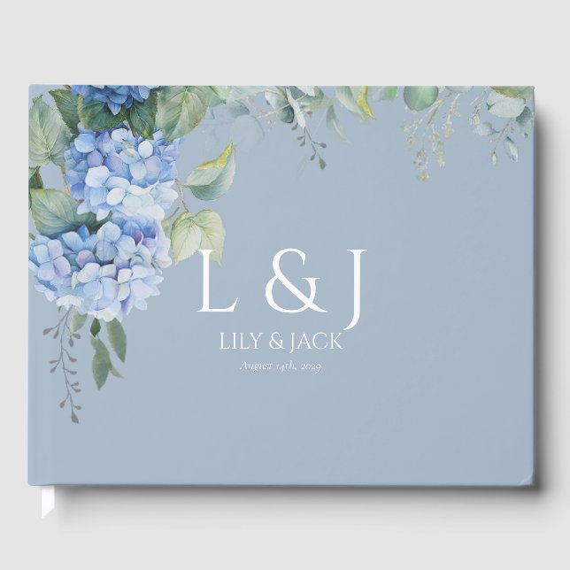 Chic Dusty Blue Floral Hydrangea Wedding Guestbook (Front)