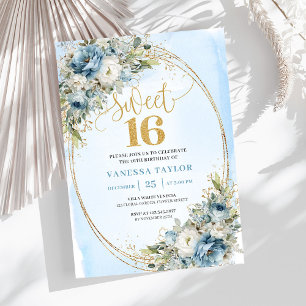 Chic Dusty Blue Floral Sweet 16th Birthday Invites