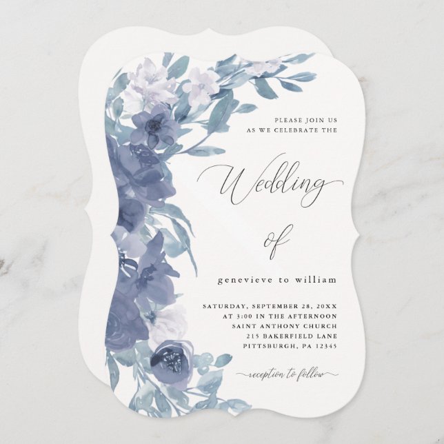Chic Dusty Blue Floral with Calligraphy Wedding Invitation (Front/Back)