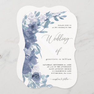 Chic Dusty Blue Floral with Calligraphy Wedding Invitation