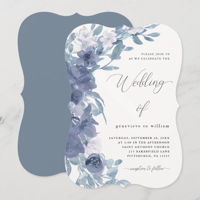 Chic Dusty Blue Floral with Calligraphy Wedding Invitation (Front/Back)