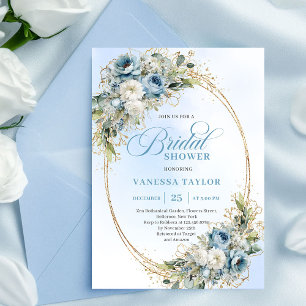 Chic Dusty Blue Flowers Gold Bridal Shower Invite