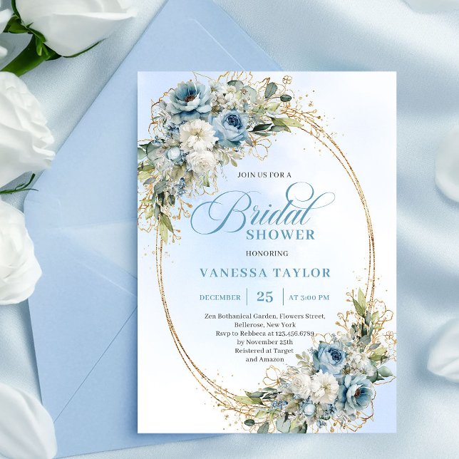 Chic Dusty Blue Flowers Gold Bridal Shower Invite (Chic Dusty Blue Flowers Gold Bridal Shower Invite)